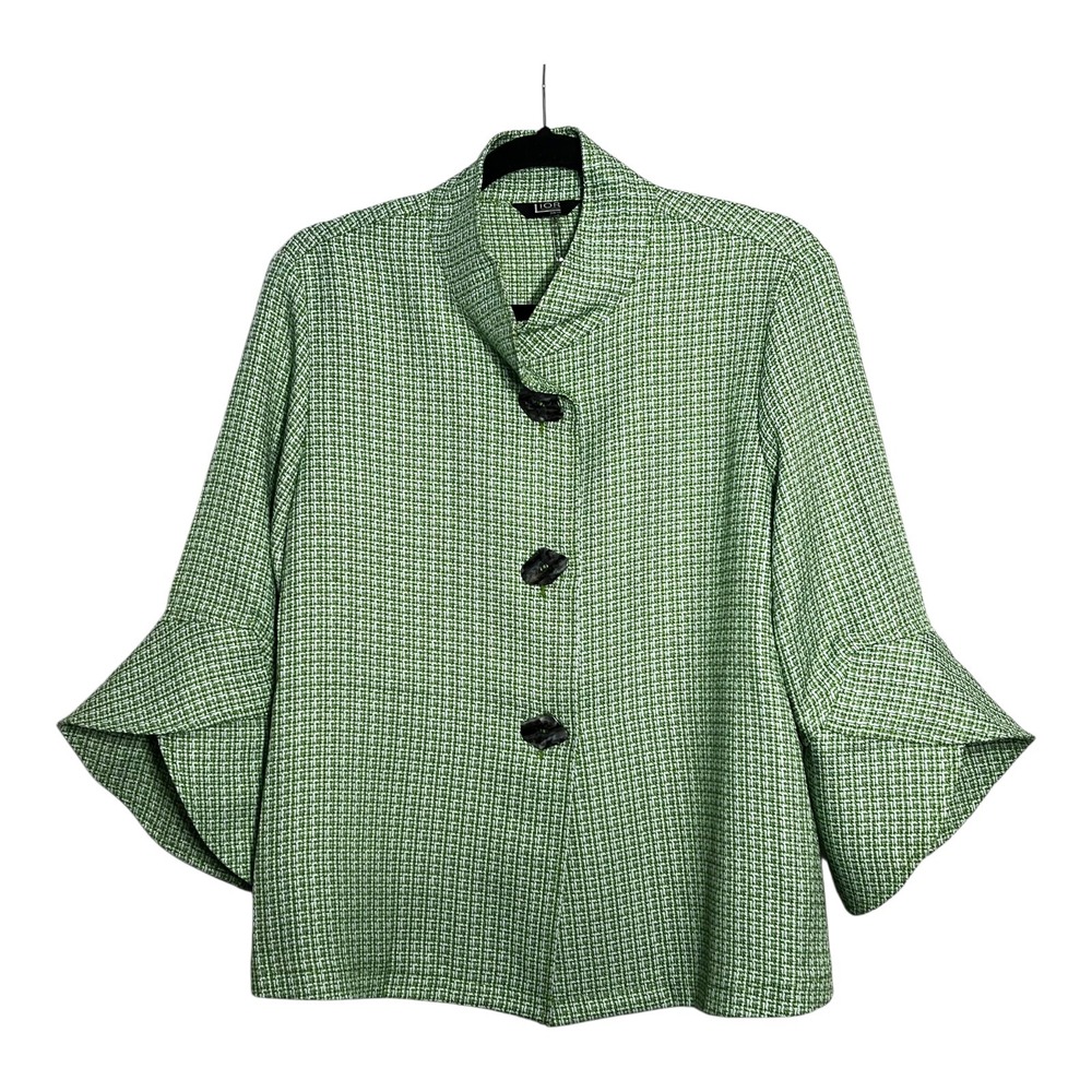 Lior Paris Vaya Green White Tweed Bell Sleeve Funnel Neck Jacket Womens L‎